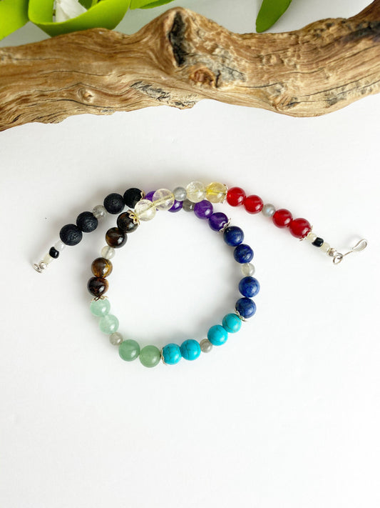 Dare to Dream Crystal Breathbeads Meditation Mala with Citrine, Tiger's Eye, Jade, Turquoise, Lapis, Amethyst, Lava Rock and Sterling Silver. Blue, Green, Brown, Blacl, Purple, Amber and Red.