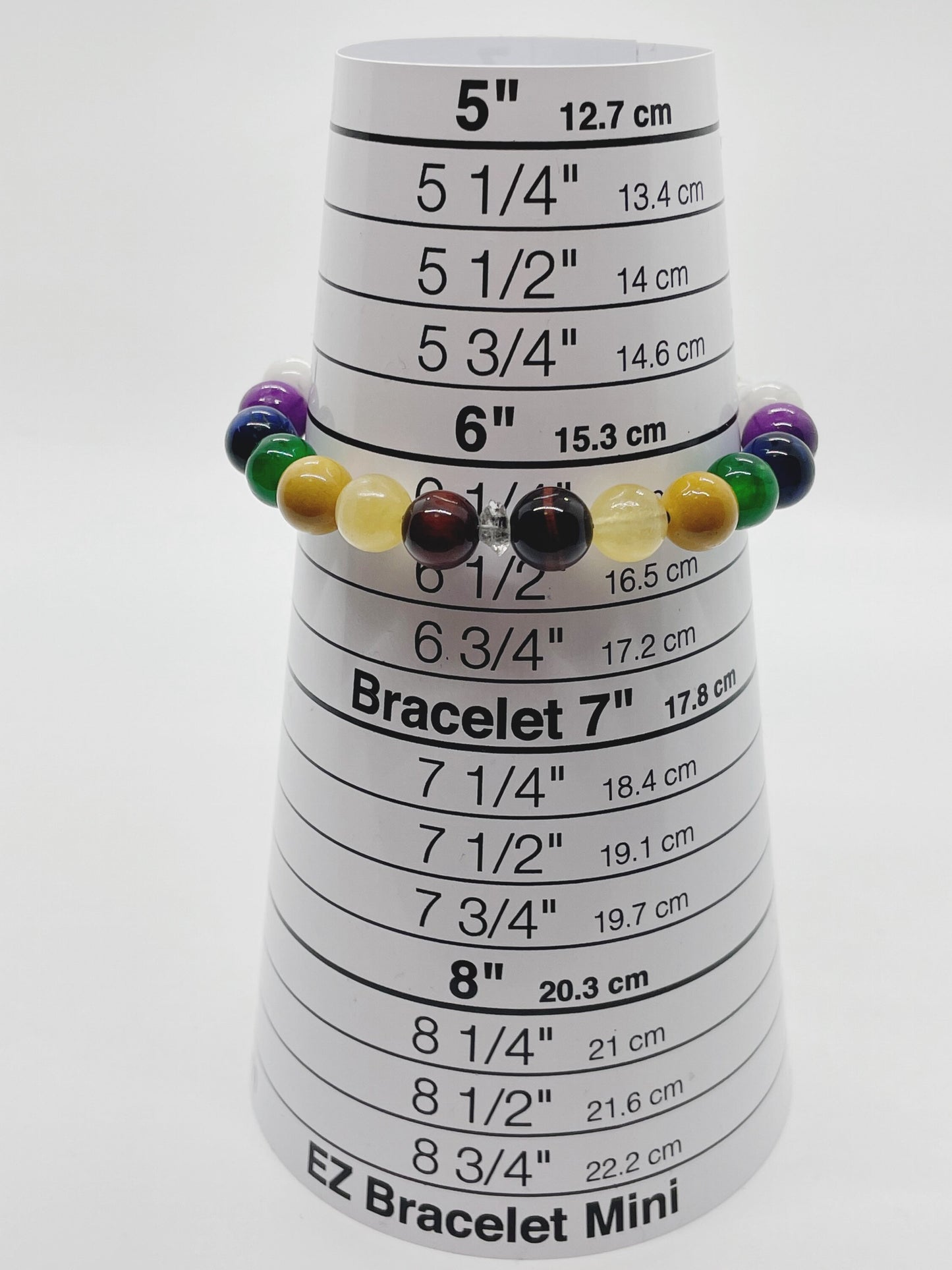 Crystal Beaded Chakra Bracelet. Herkimer Quartz, Red & Blue Tiger’s Eye, Yellow Calcite, Mookaite, Green Chalcedony, Sugalite, Sterling Silver