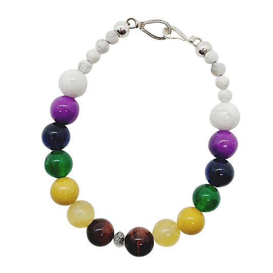 Crystal Beaded Chakra Bracelet. Herkimer Quartz, Red & Blue Tiger’s Eye, Yellow Calcite, Mookaite, Green Chalcedony, Sugalite, Sterling Silver