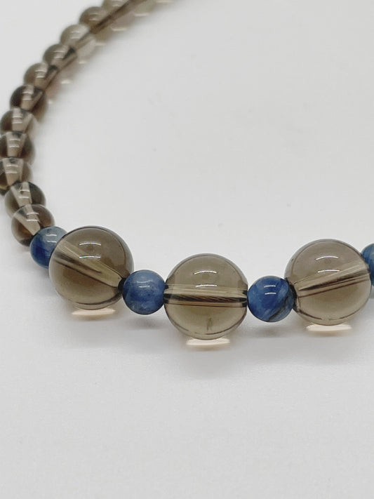 Crystal Gemstone Beaded Bracelet. Smoky Quartz, Blue Kyanite and Sterling Silver. Shades of brown and blue.