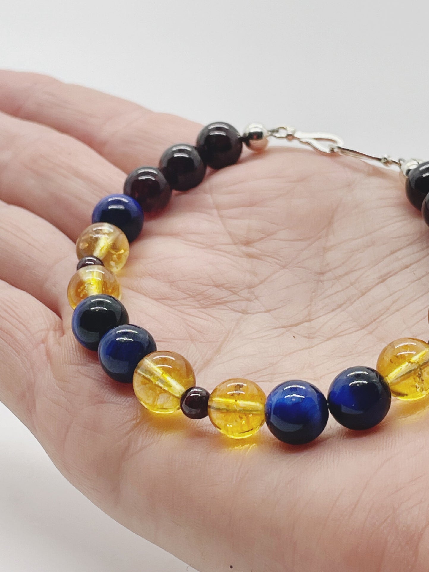 Blue Tigers Eye, Garnet, and Citrine Breathbeads Bracelet with Sterling Silver Clasp