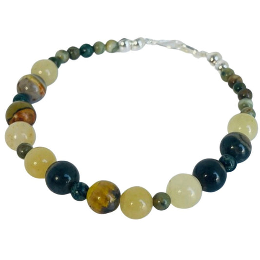 Crystal Gemstone Breathbeads Mediation Bracelet. Bumblebee Jasper, Yellow and Kambaba Jasper and Sterling Silver Clasp