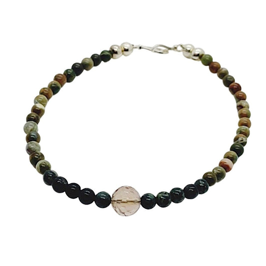 Crystal Gemstone Beaded Bracelet. Kambaba Jasper, Fluorite and Sterling Silver. Shades of brown and black.