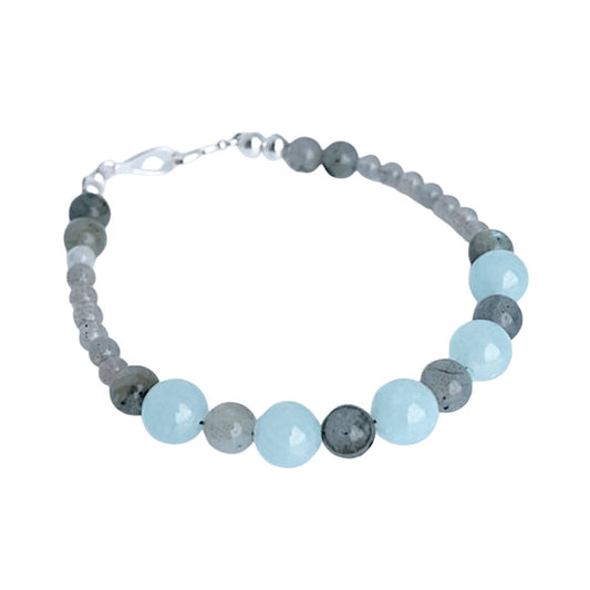 Gemstone Labradorite and Aquamarine Bracelet with Sterling Silver Clasp. Beautiful shades of blue and gray.