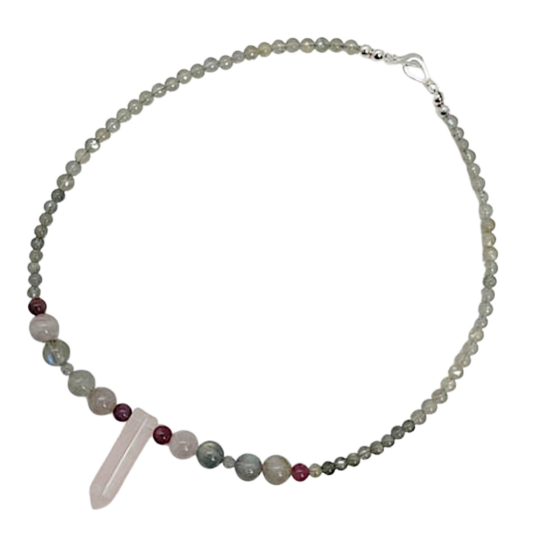 Breathbeads 17” Choker - Rose Quartz, Labradorite, and Tourmaline Gemstones