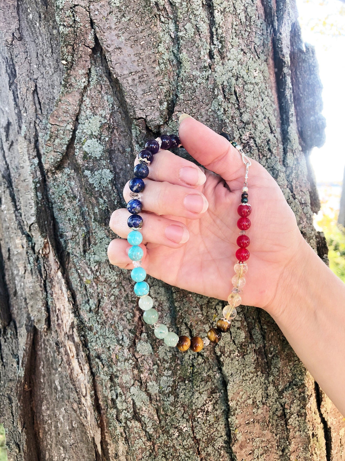 Crystal Chakra Meditation Breathbeads, Luck and Knowledge Handmade Mala, 32 Crystal Beads, Lava Beads with Sterling Silver