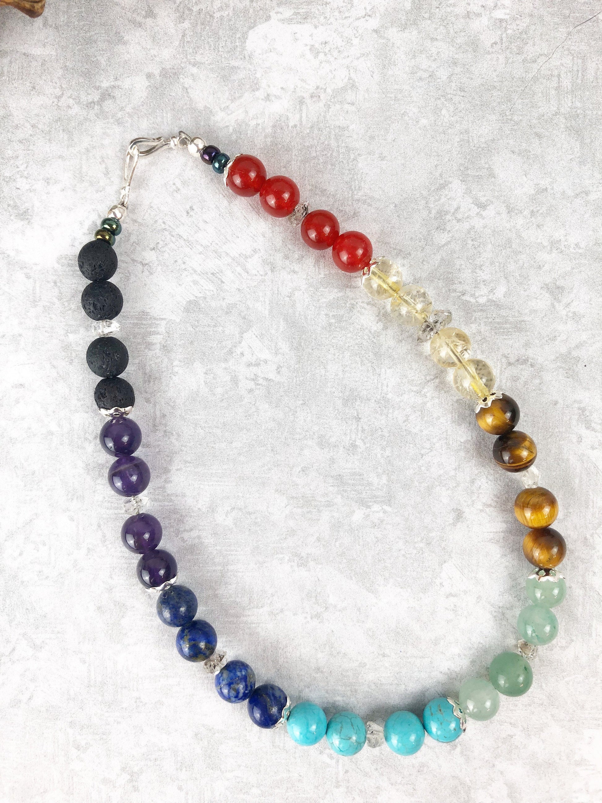 Crystal Chakra Meditation Breathbeads, Luck and Knowledge Handmade Mala, 32 Crystal Beads, Lava Beads with Sterling Silver