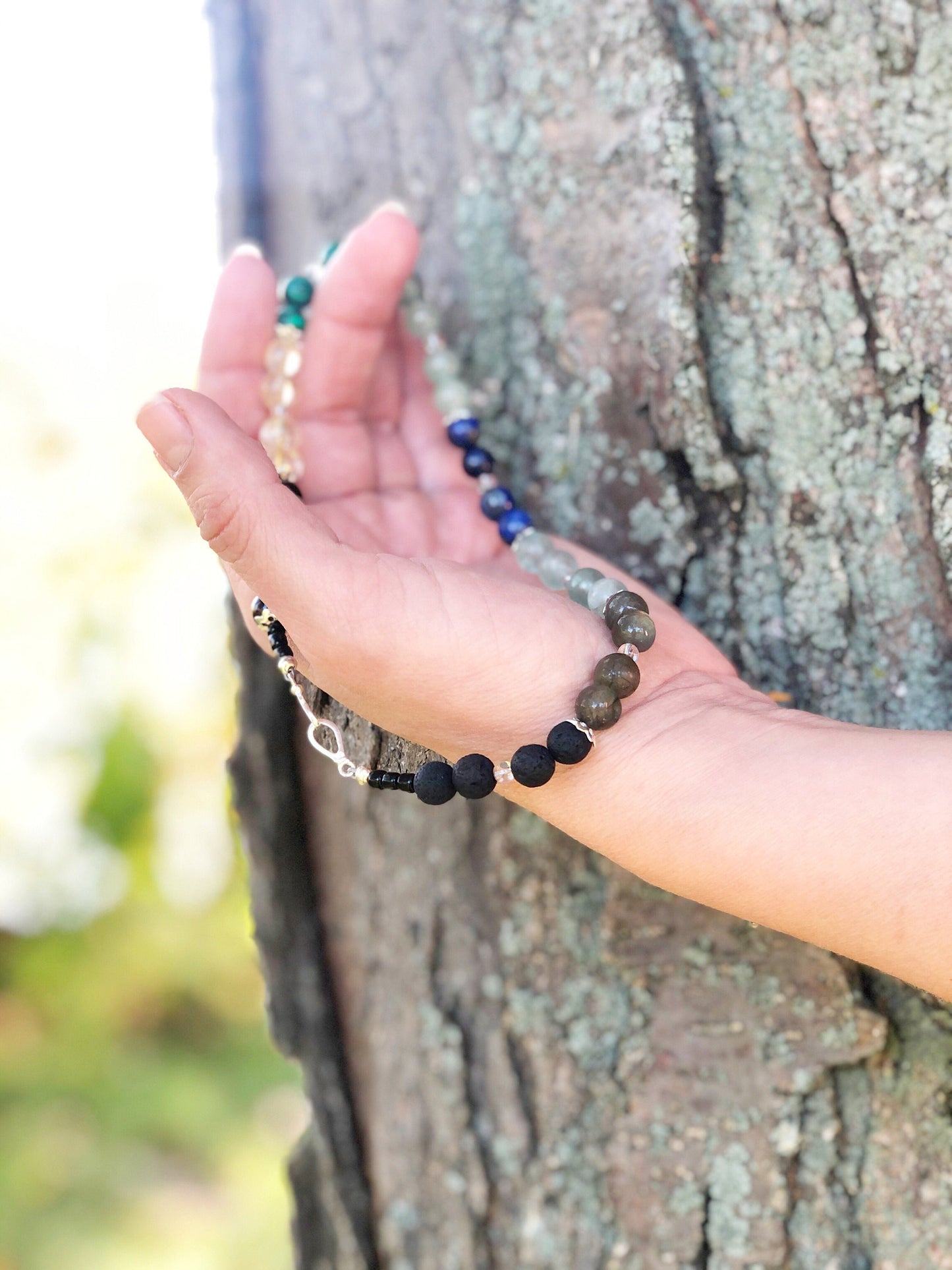 Light for the Imagination Crystal Breathbeads Breathwork Mala.  Red Tiger's Eye, Citrine, Malachite, Green Jade, Lapis, Flourite, Labradorite, Lava Rock and Sterling Silver