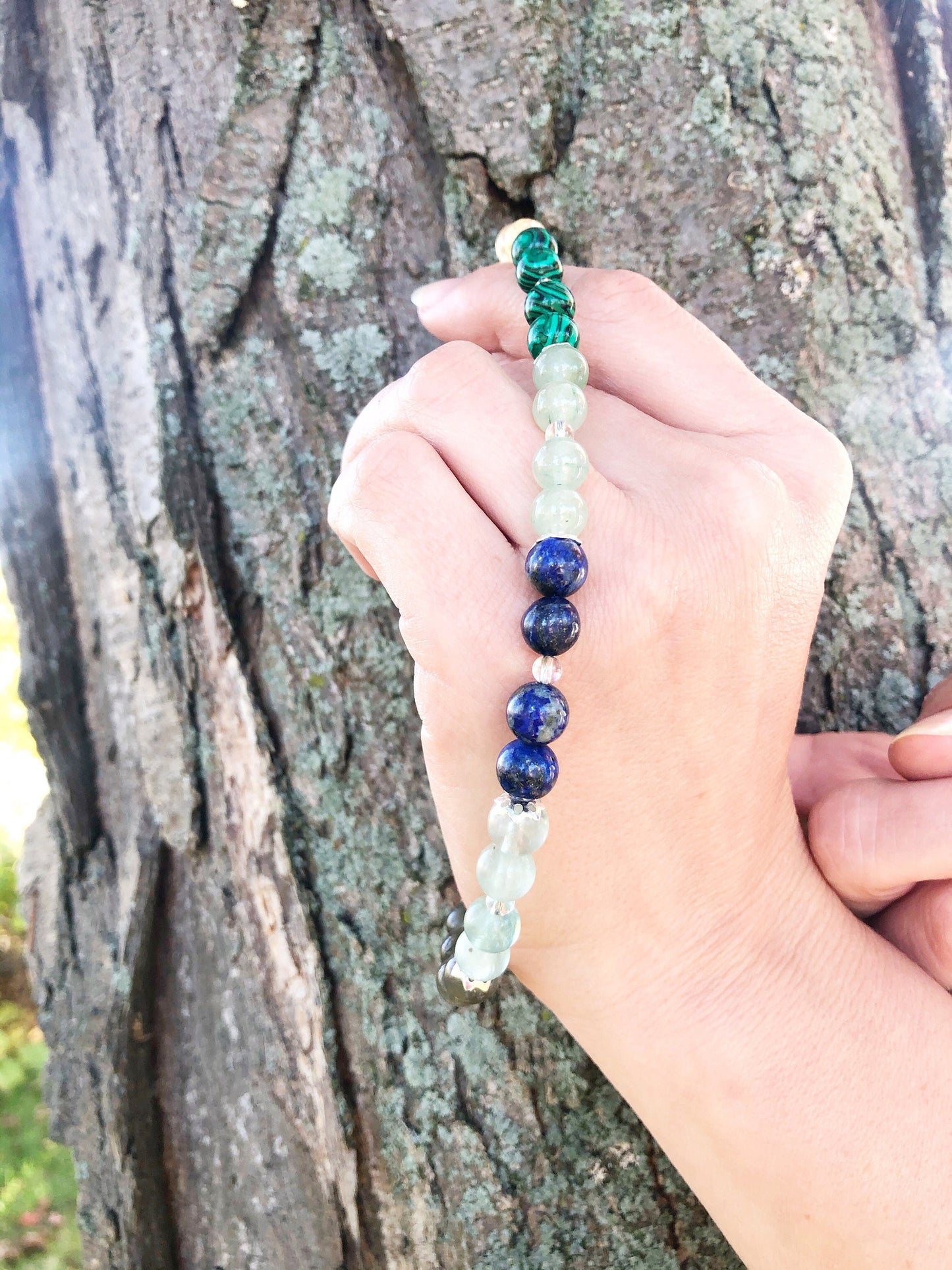 Light for the Imagination Crystal Breathbeads Breathwork Mala.  Red Tiger's Eye, Citrine, Malachite, Green Jade, Lapis, Flourite, Labradorite, Lava Rock and Sterling Silver