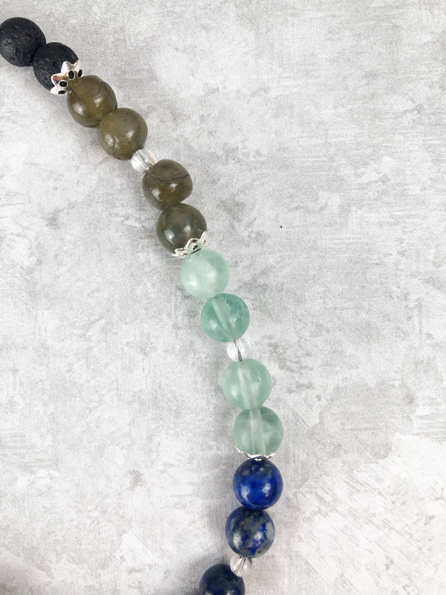 Light for the Imagination Crystal Breathbeads Breathwork Mala.  Red Tiger's Eye, Citrine, Malachite, Green Jade, Lapis, Flourite, Labradorite, Lava Rock and Sterling Silver