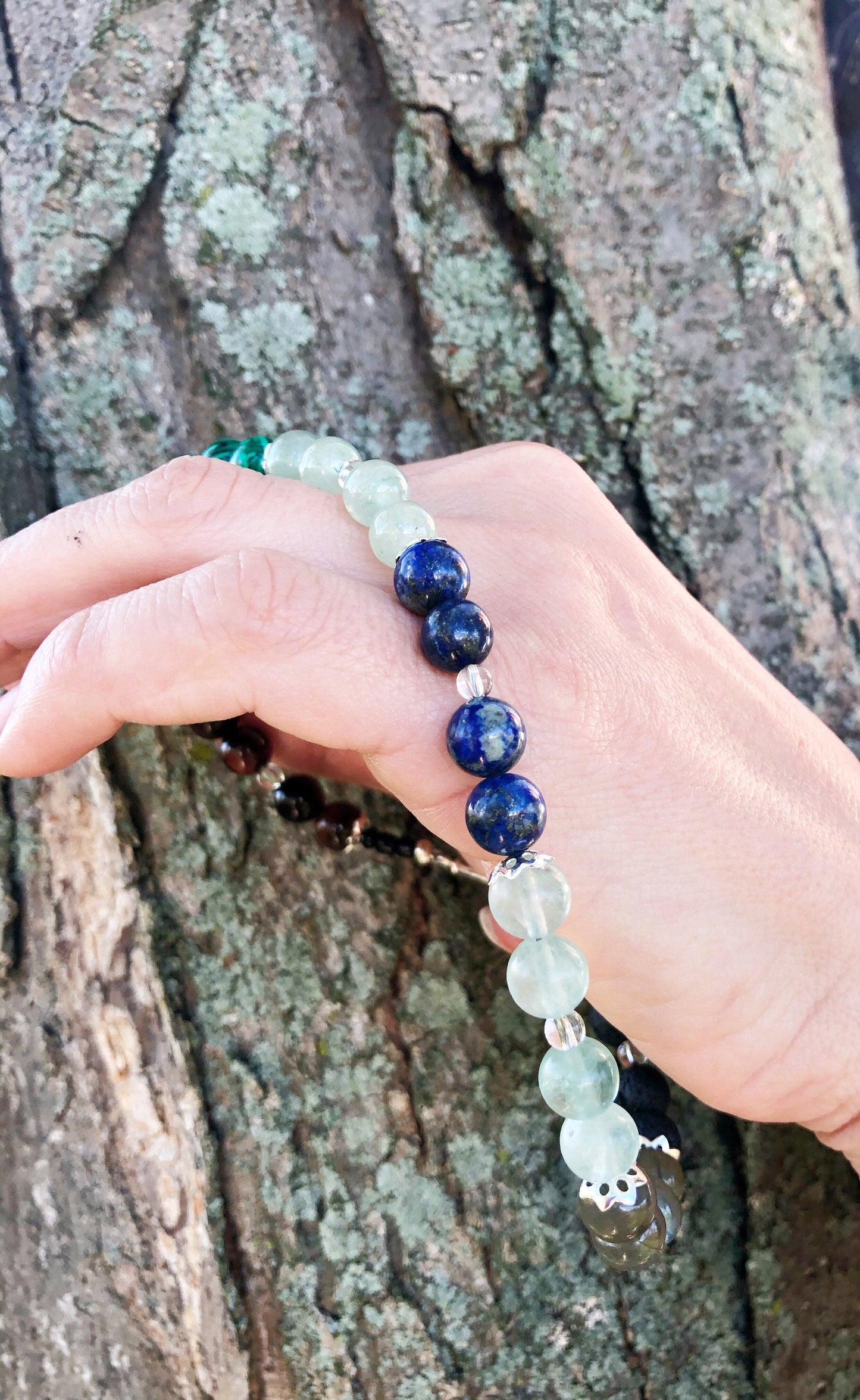 Light for the Imagination Crystal Breathbeads Breathwork Mala.  Red Tiger's Eye, Citrine, Malachite, Green Jade, Lapis, Flourite, Labradorite, Lava Rock and Sterling Silver