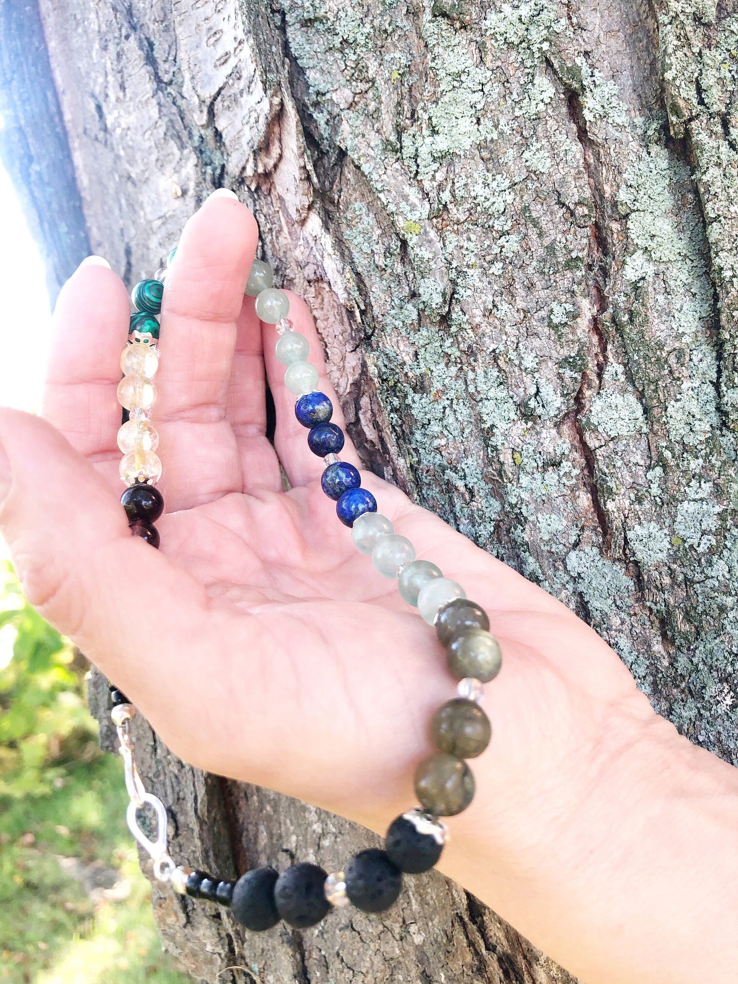 Light for the Imagination Crystal Breathbeads Breathwork Mala.  Red Tiger's Eye, Citrine, Malachite, Green Jade, Lapis, Flourite, Labradorite, Lava Rock and Sterling Silver