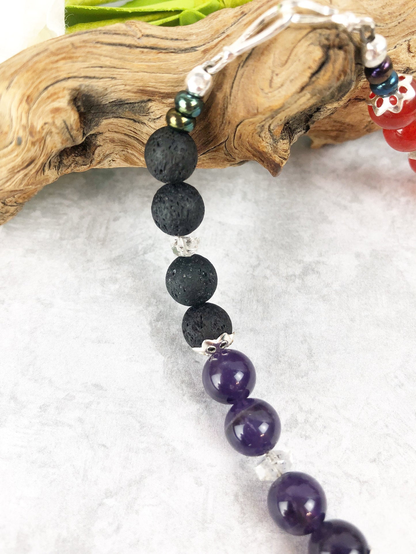 Crystal Chakra Meditation Breathbeads, Luck and Knowledge Handmade Mala, 32 Crystal Beads, Lava Beads with Sterling Silver