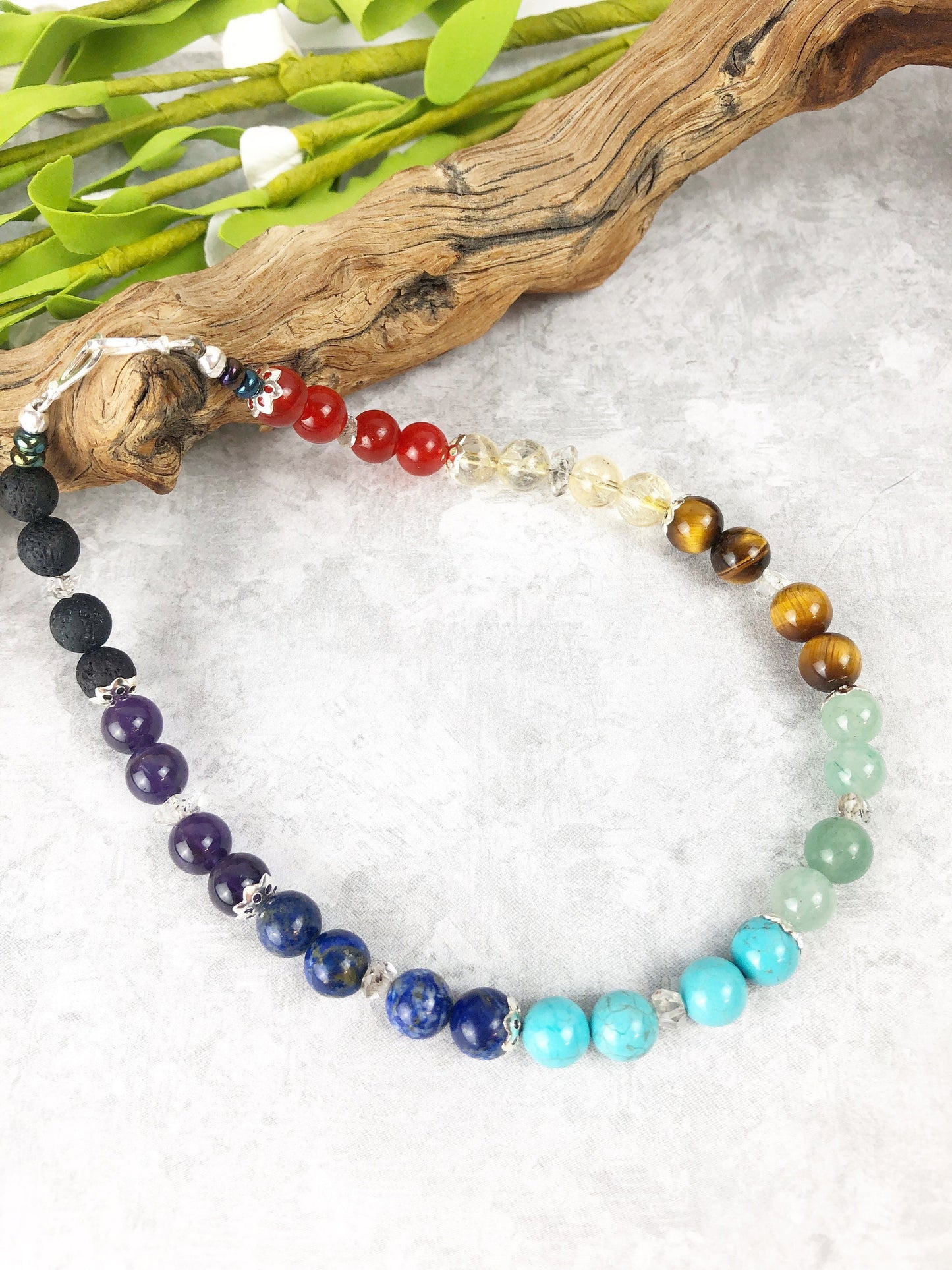 Crystal Chakra Meditation Breathbeads, Luck and Knowledge Handmade Mala, 32 Crystal Beads, Lava Beads with Sterling Silver