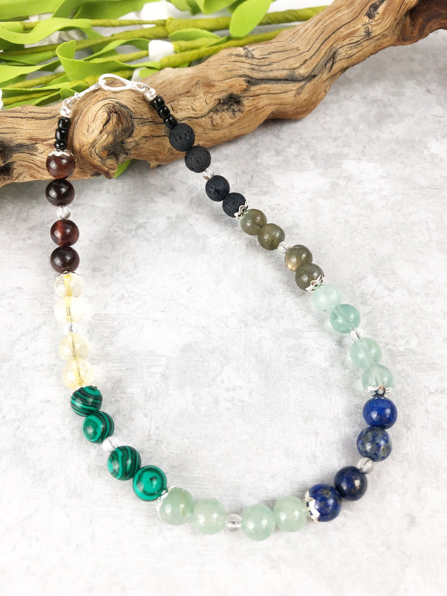 Light for the Imagination Crystal Breathbeads Breathwork Mala.  Red Tiger's Eye, Citrine, Malachite, Green Jade, Lapis, Flourite, Labradorite, Lava Rock and Sterling Silver