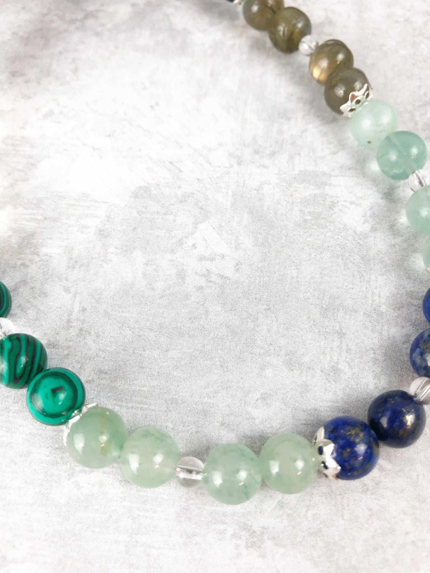 Light for the Imagination Crystal Breathbeads Breathwork Mala.  Red Tiger's Eye, Citrine, Malachite, Green Jade, Lapis, Flourite, Labradorite, Lava Rock and Sterling Silver