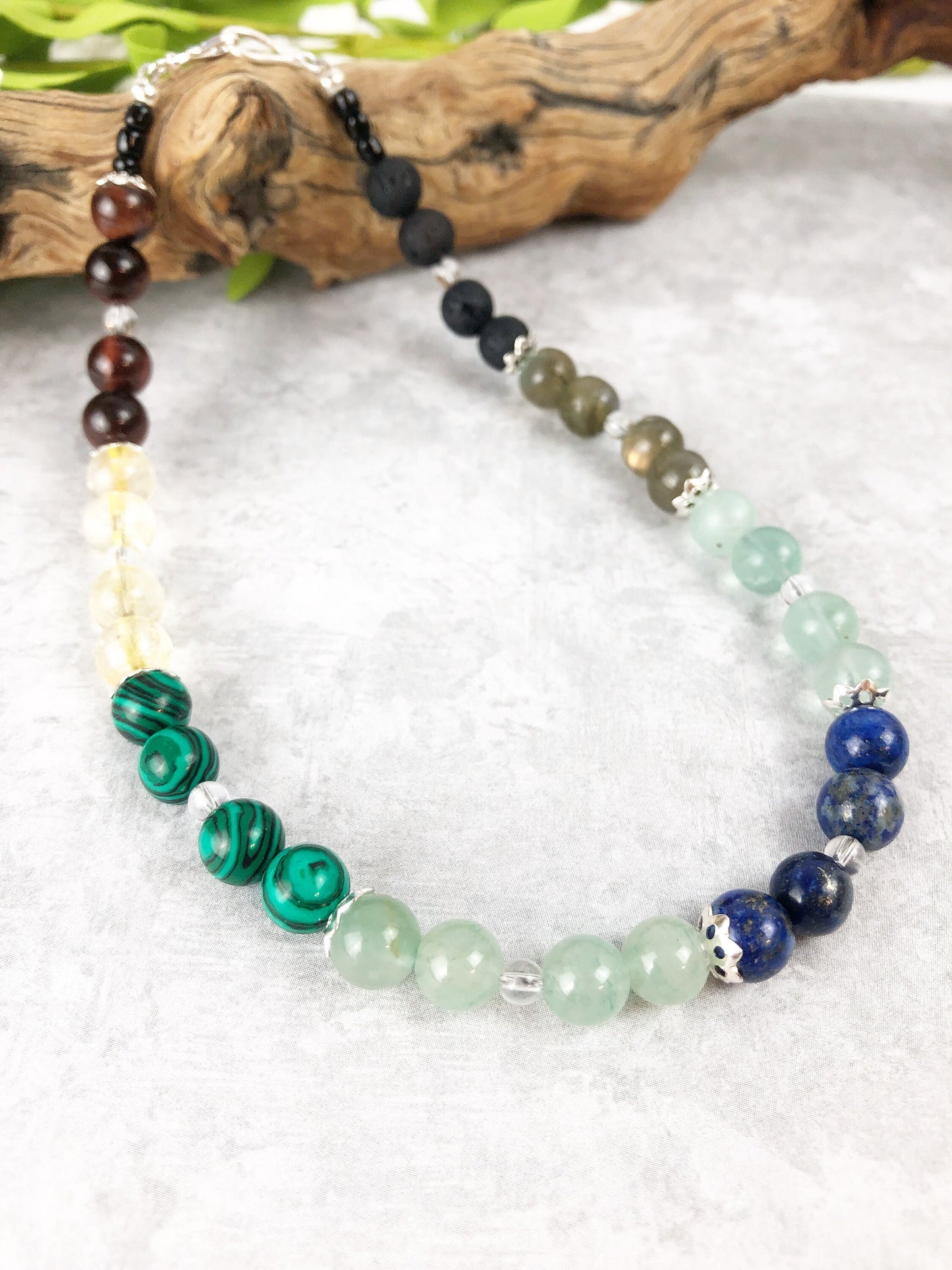 Light for the Imagination Crystal Breathbeads Breathwork Mala.  Red Tiger's Eye, Citrine, Malachite, Green Jade, Lapis, Flourite, Labradorite, Lava Rock and Sterling Silver