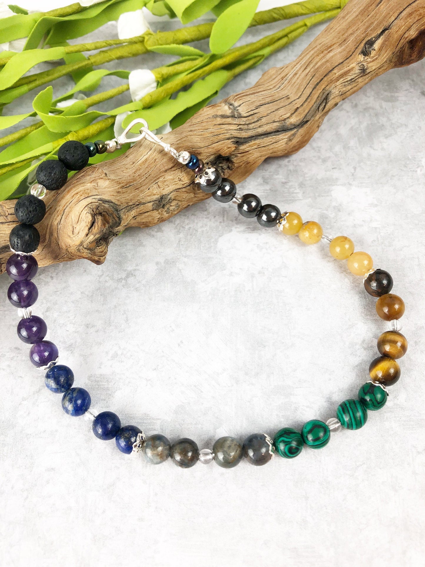 Crystal Chakra Meditation Breathbeads, Calm the Soul Handmade Mala, 32 Crystal Beads with Sterling Silver