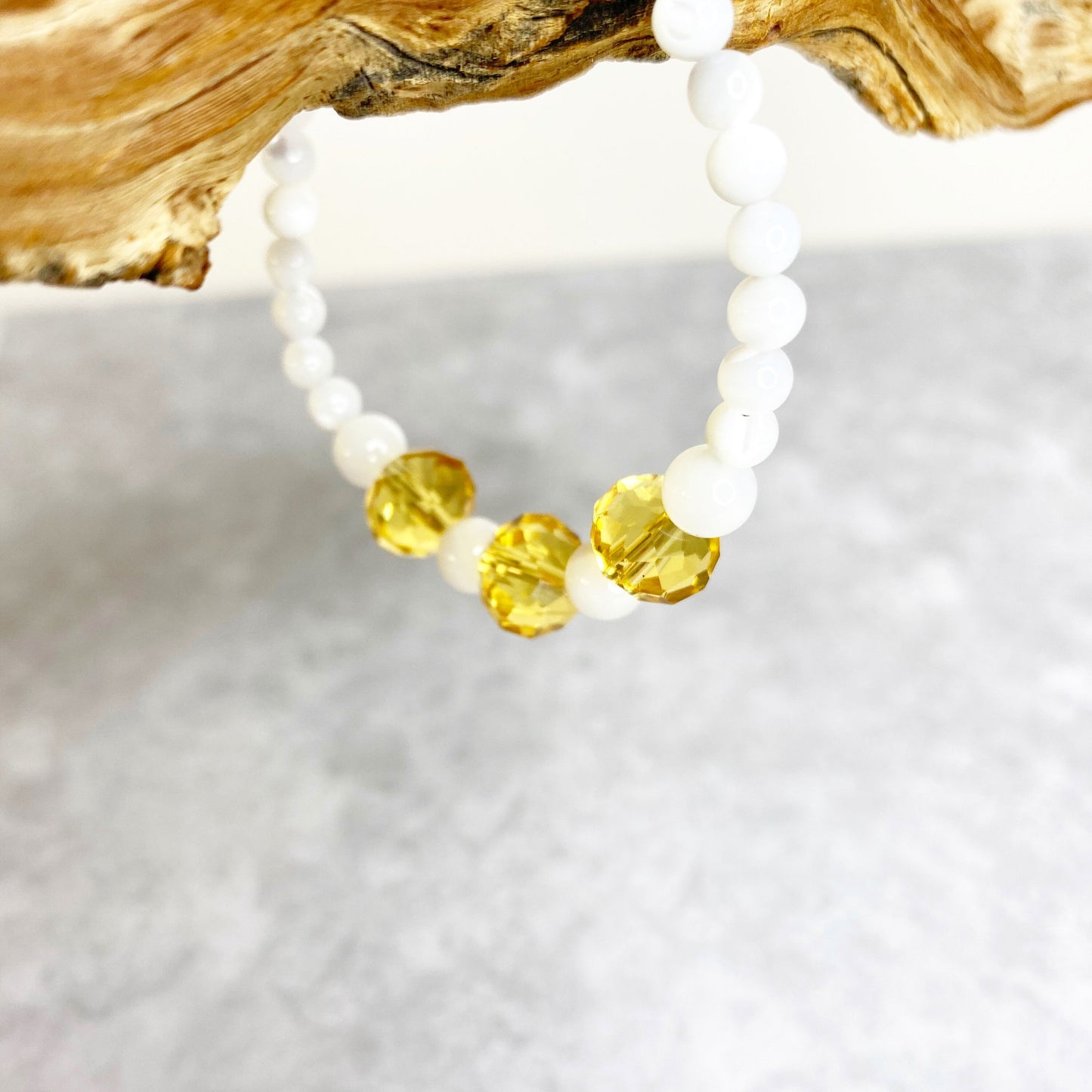 Joyous Prosperity Gemstone Bracelet. Faceted Citrine and Mother of Pearl Beaded Bracelet