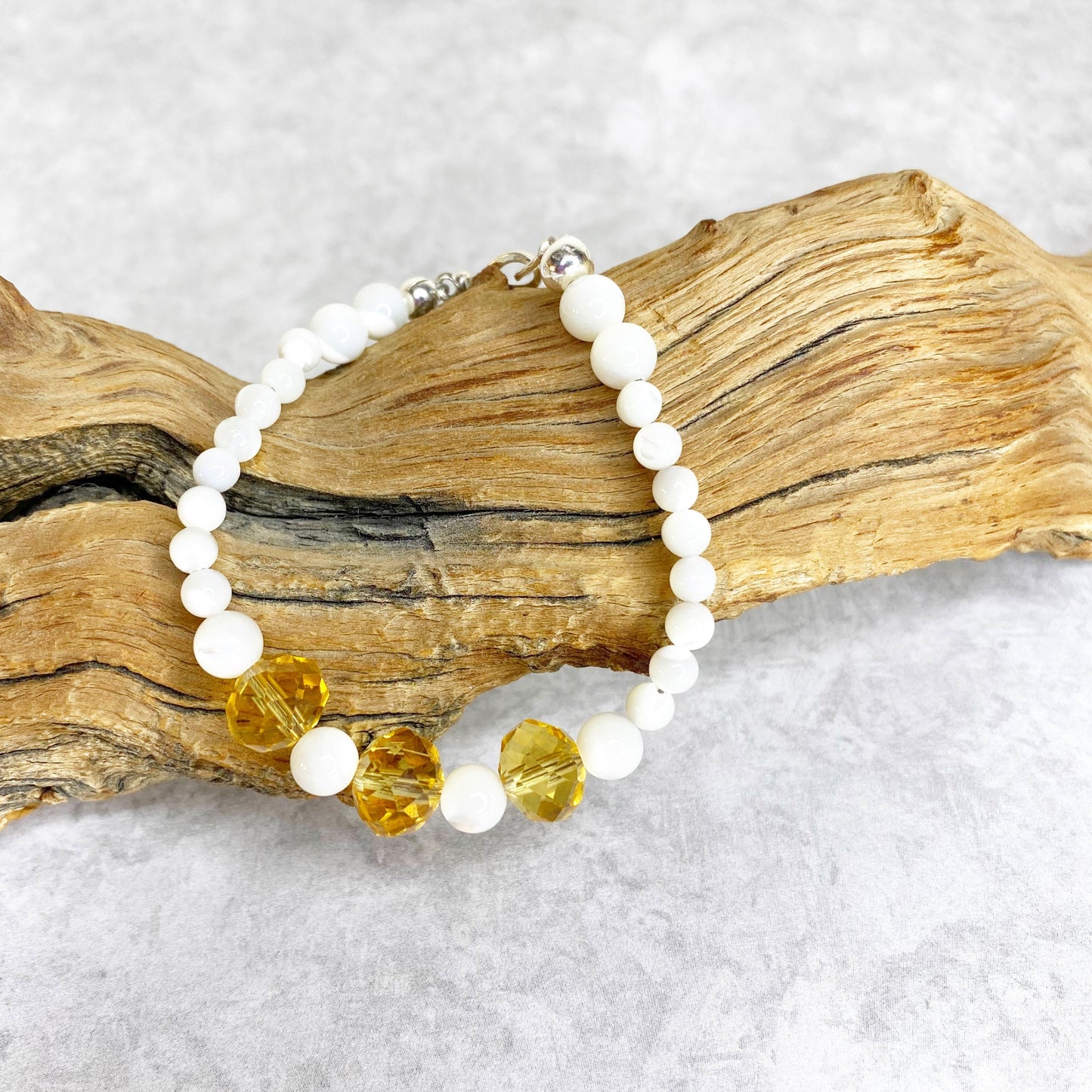 Joyous Prosperity Gemstone Bracelet. Faceted Citrine and Mother of Pearl Beaded Bracelet