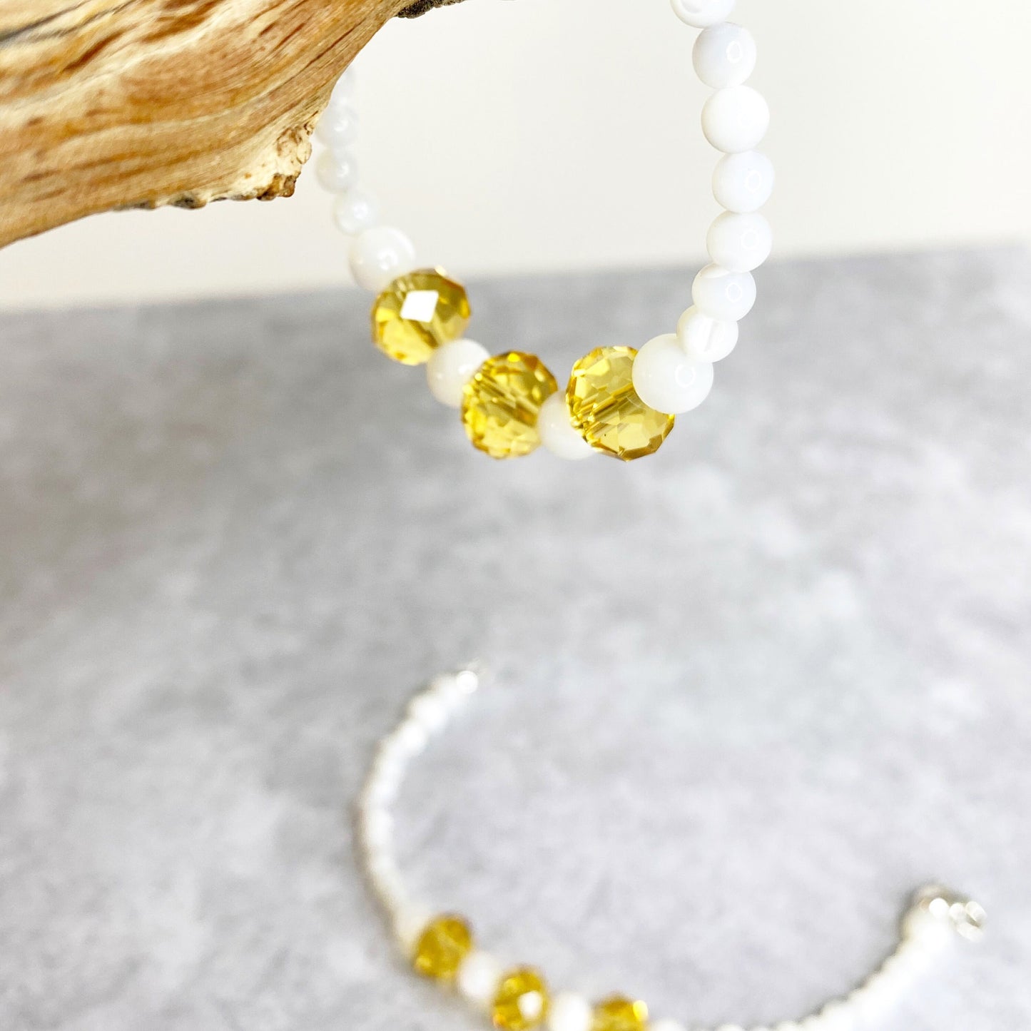 Joyous Prosperity Gemstone Bracelet. Faceted Citrine and Mother of Pearl Beaded Bracelet