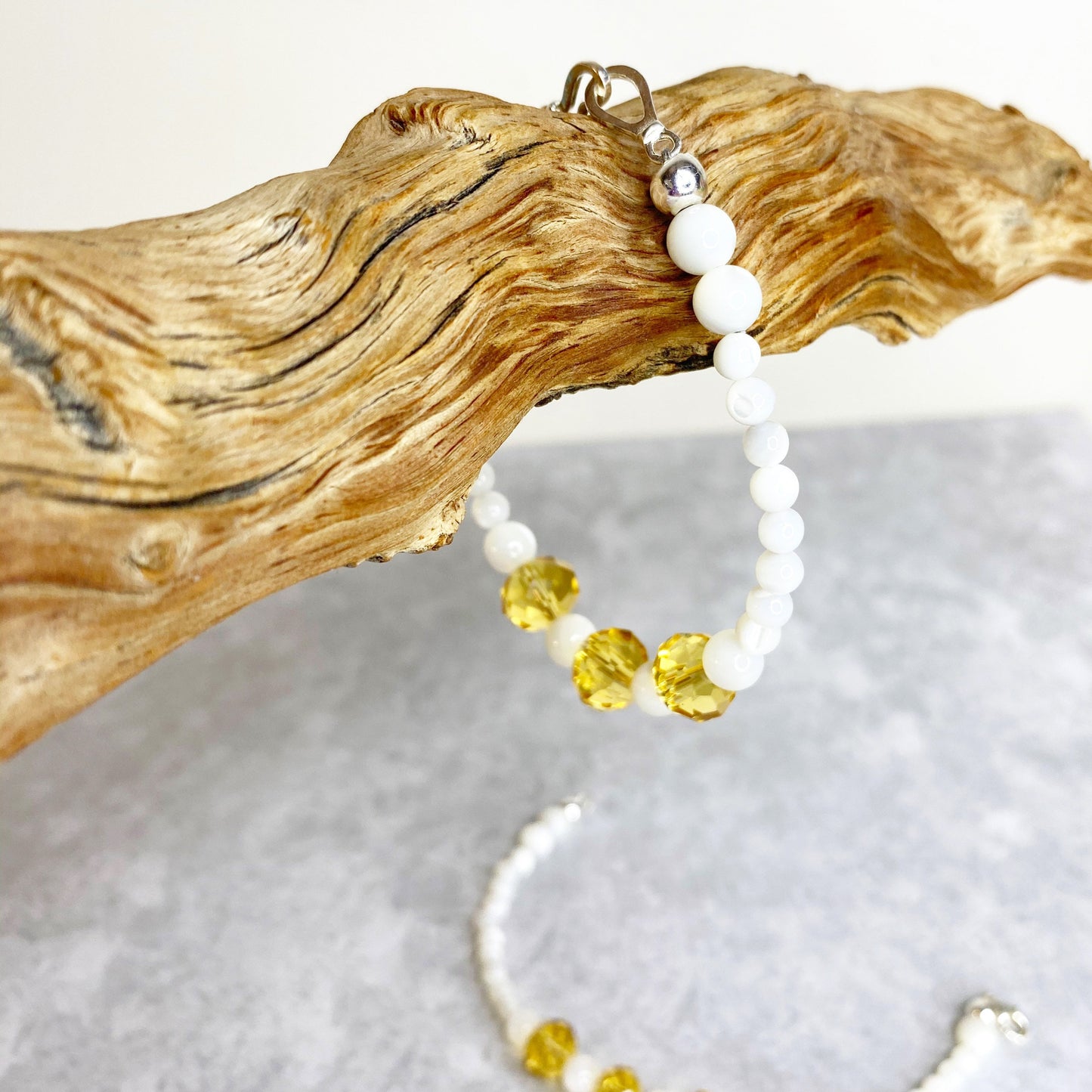 Joyous Prosperity Gemstone Bracelet. Faceted Citrine and Mother of Pearl Beaded Bracelet