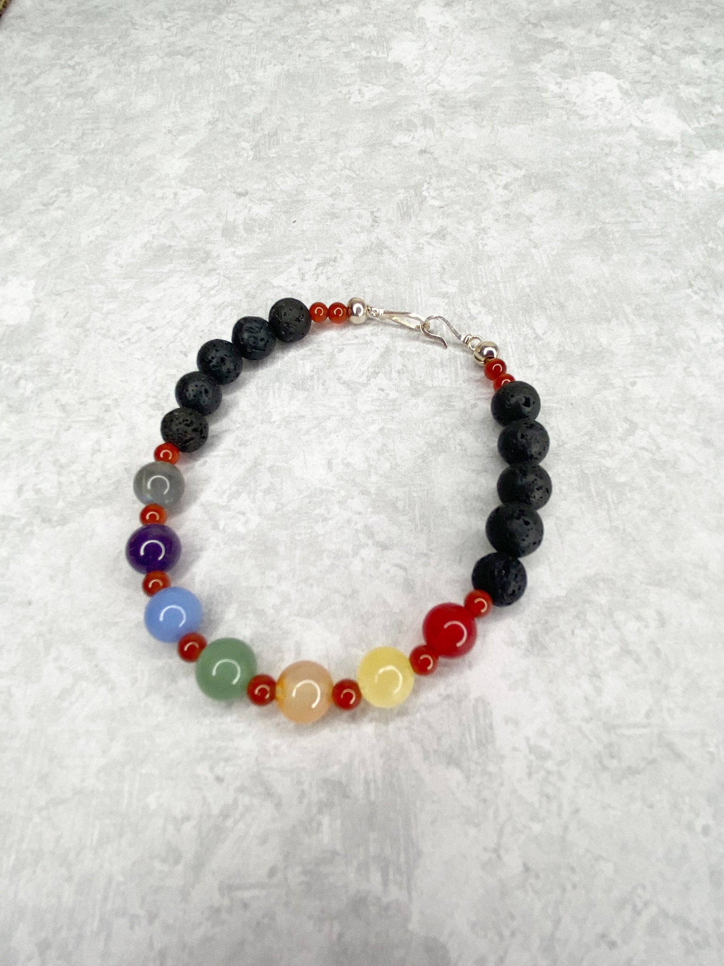 Chakra Crystal Beaded Bracelet with Sterling Silver.  8mm crystal beads. Agate, Amethyst, Carnelian, Yellow jade, Angelite, Green Aventurine