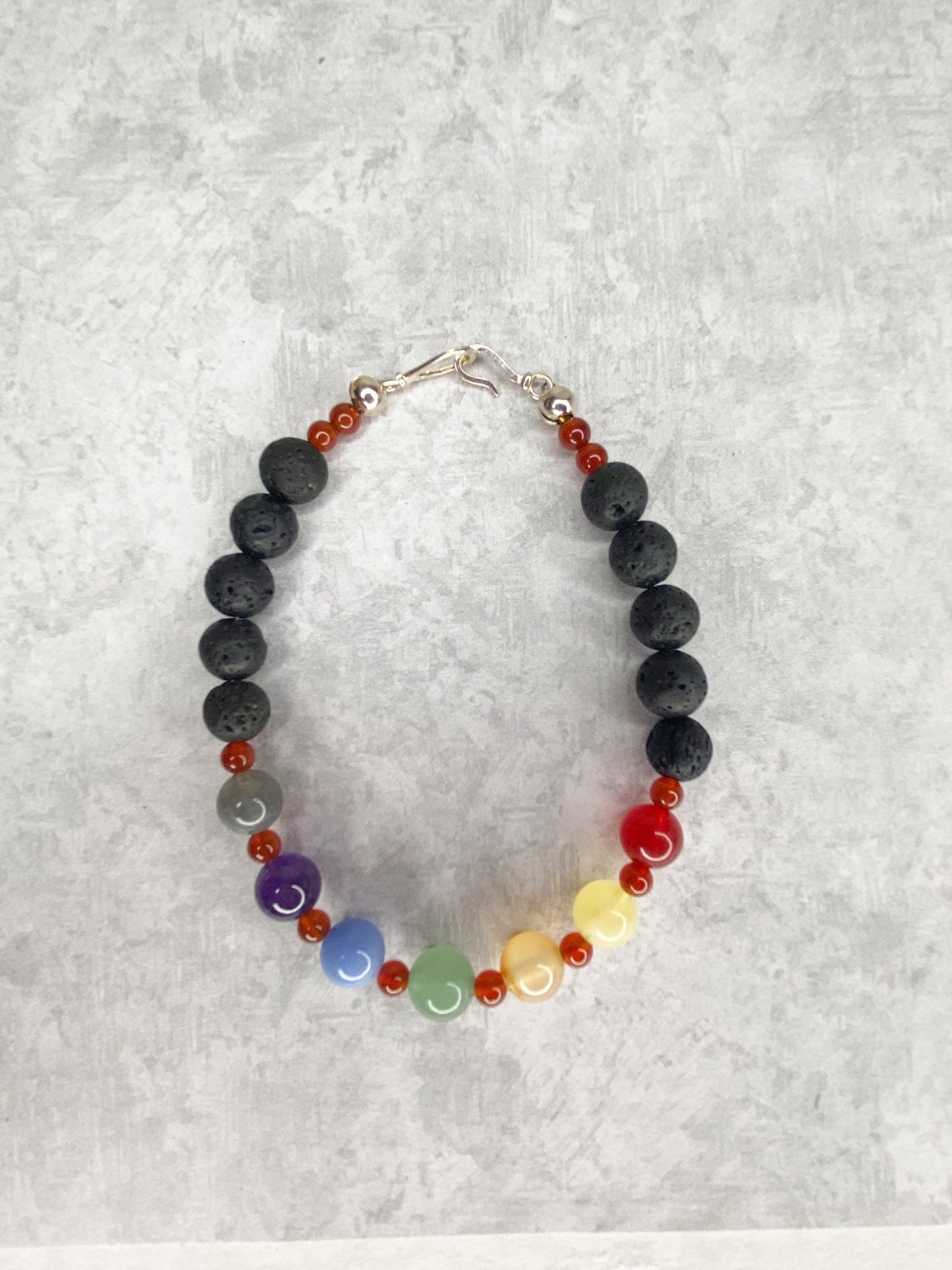 Chakra Crystal Beaded Bracelet with Sterling Silver.  8mm crystal beads. Agate, Amethyst, Carnelian, Yellow jade, Angelite, Green Aventurine