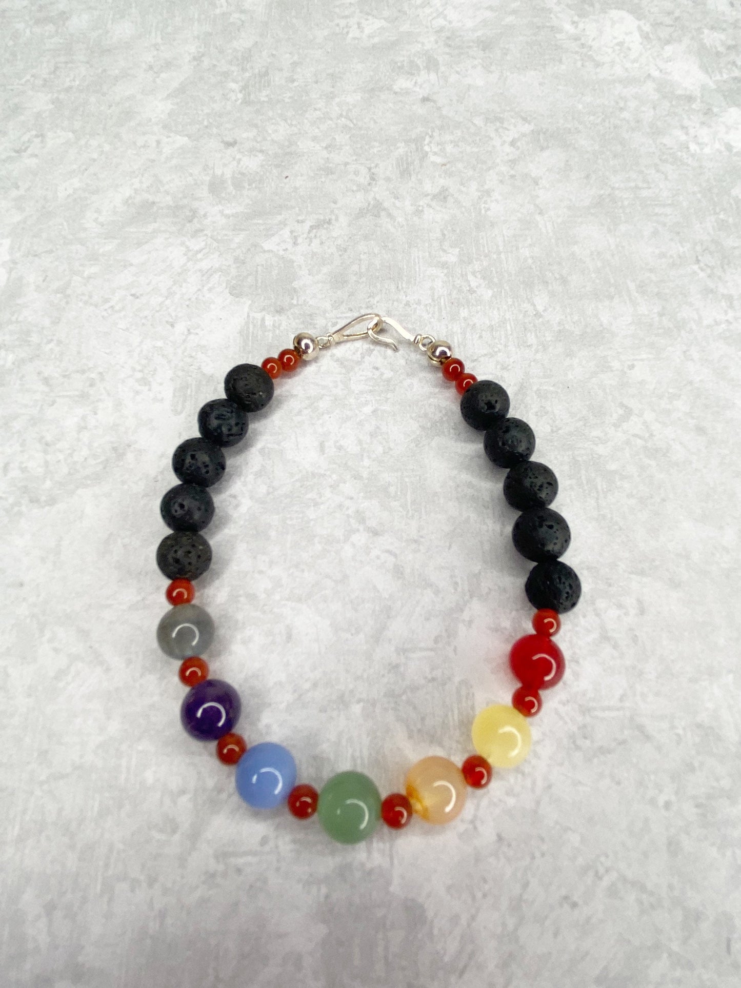 Chakra Crystal Beaded Bracelet with Sterling Silver.  8mm crystal beads. Agate, Amethyst, Carnelian, Yellow jade, Angelite, Green Aventurine