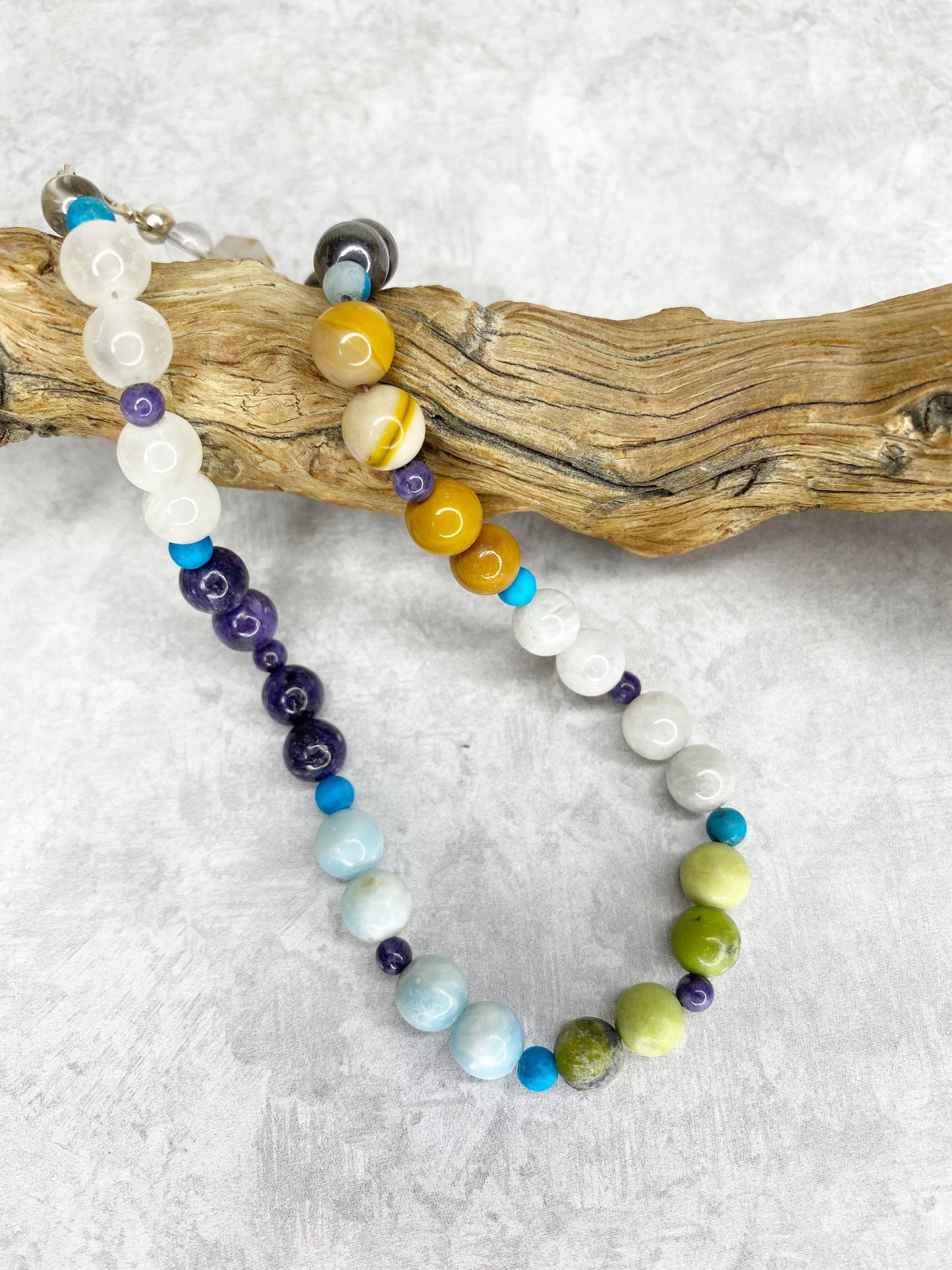 Crystal Breathbead Mala. Herkimer Quartz, Hematite, Mookaite, Moonstone, Chrysoprase, Larimar, Charoite, Selenite, Turquenite