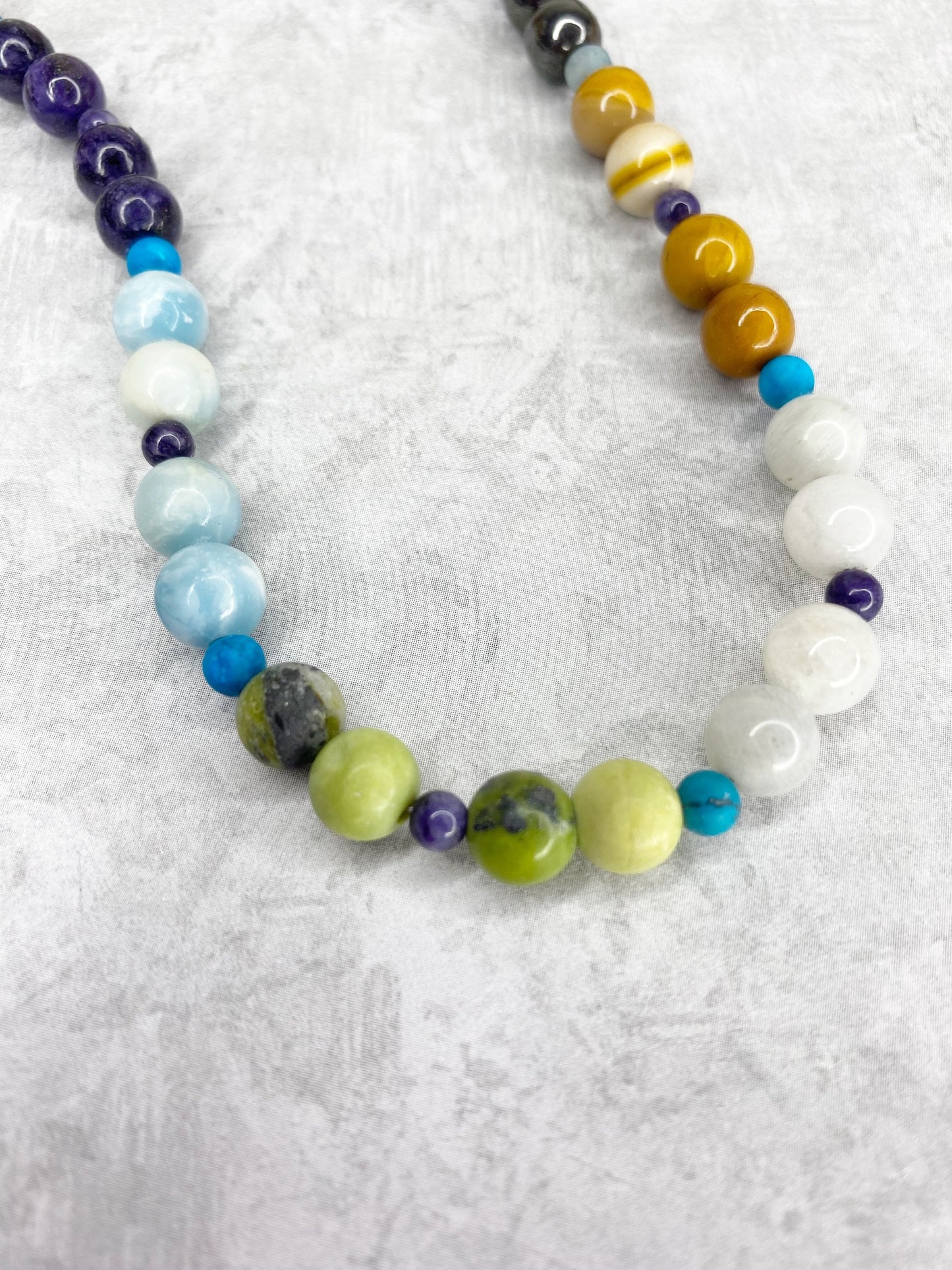 Crystal Breathbead Mala. Herkimer Quartz, Hematite, Mookaite, Moonstone, Chrysoprase, Larimar, Charoite, Selenite, Turquenite