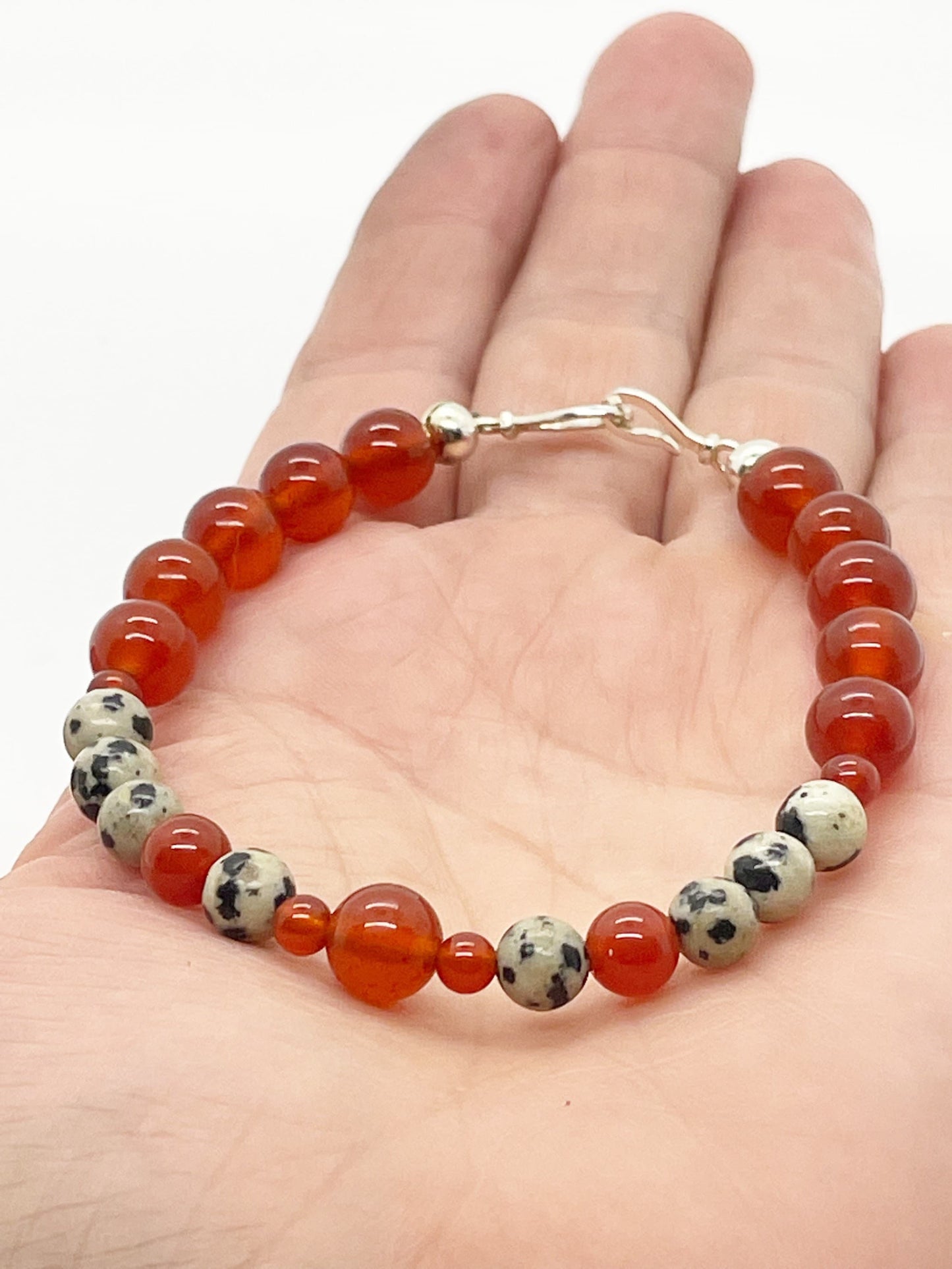 Crystal Gemstone Beaded Bracelet. Carnelian and Dalmatian Stone with Sterling Silver Clasp