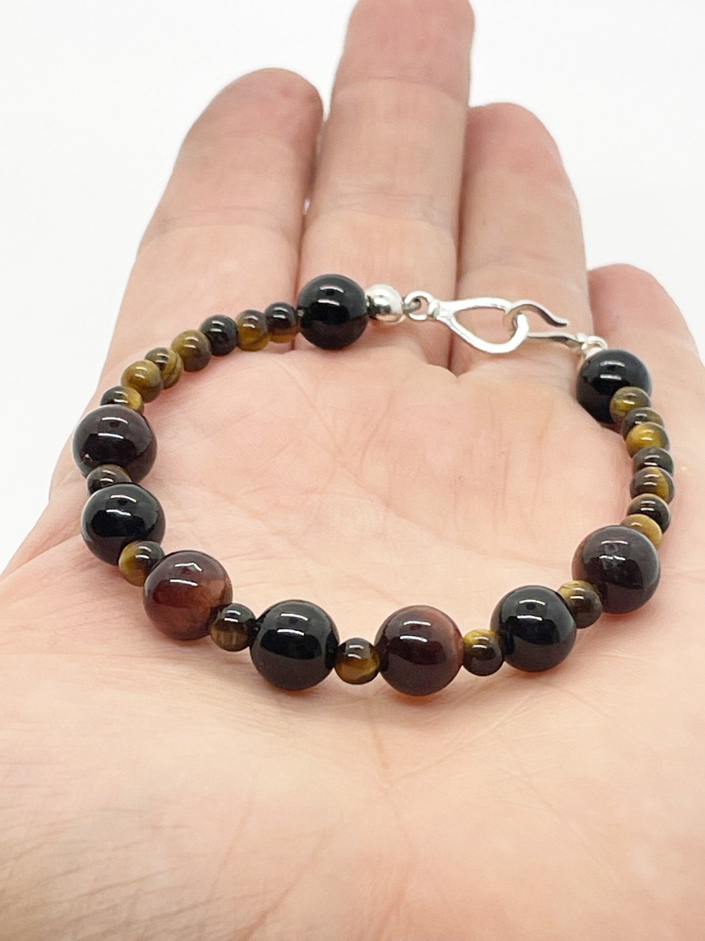 Calm and Clear Goal Getter Crystal Beaded Gemstone Bracelet with Tiger’s Eye, Black Onyx and Red Tiger’s Eye with Sterling Silver Closure