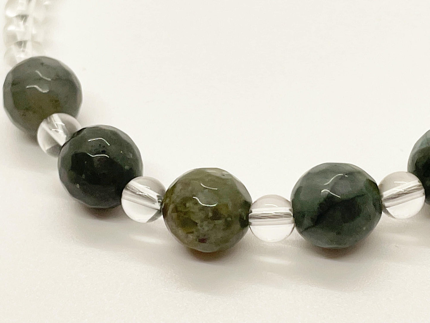 Crystal Green and Clear Stone Beaded Bracelet with Clear Quartz, Bloodstone and Sterling Silver Clasp