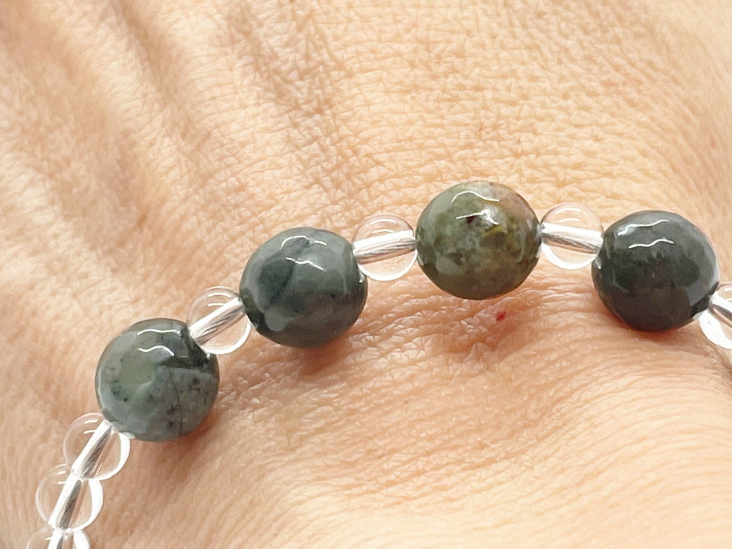 Crystal Green and Clear Stone Beaded Bracelet with Clear Quartz, Bloodstone and Sterling Silver Clasp