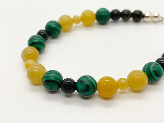 Crystal Breathbeads Meditation Bracelet. Malachite, Serpentine, Onyx, Sterling Silver