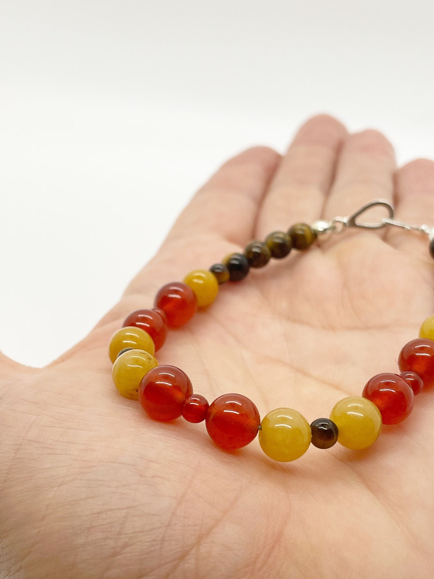 Crystal Breathbeads Gemstone Bracelet with Carnelian, Serpentine, Tigers Eye and Sterling Silver Clasp