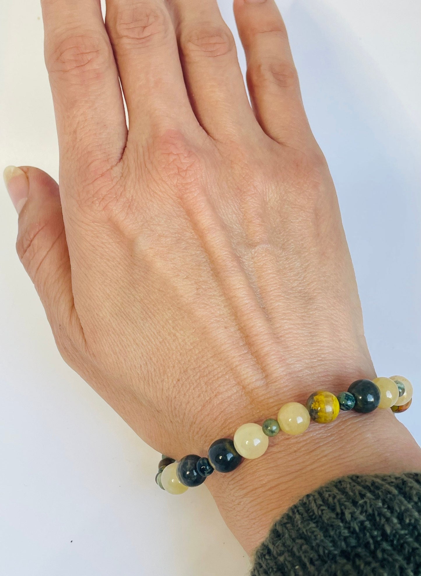 Crystal Gemstone Breathbeads  Mediation Bracelet. Bumblebee Jasper, Yellow and Kambaba Jasper and Sterling Silver Clasp