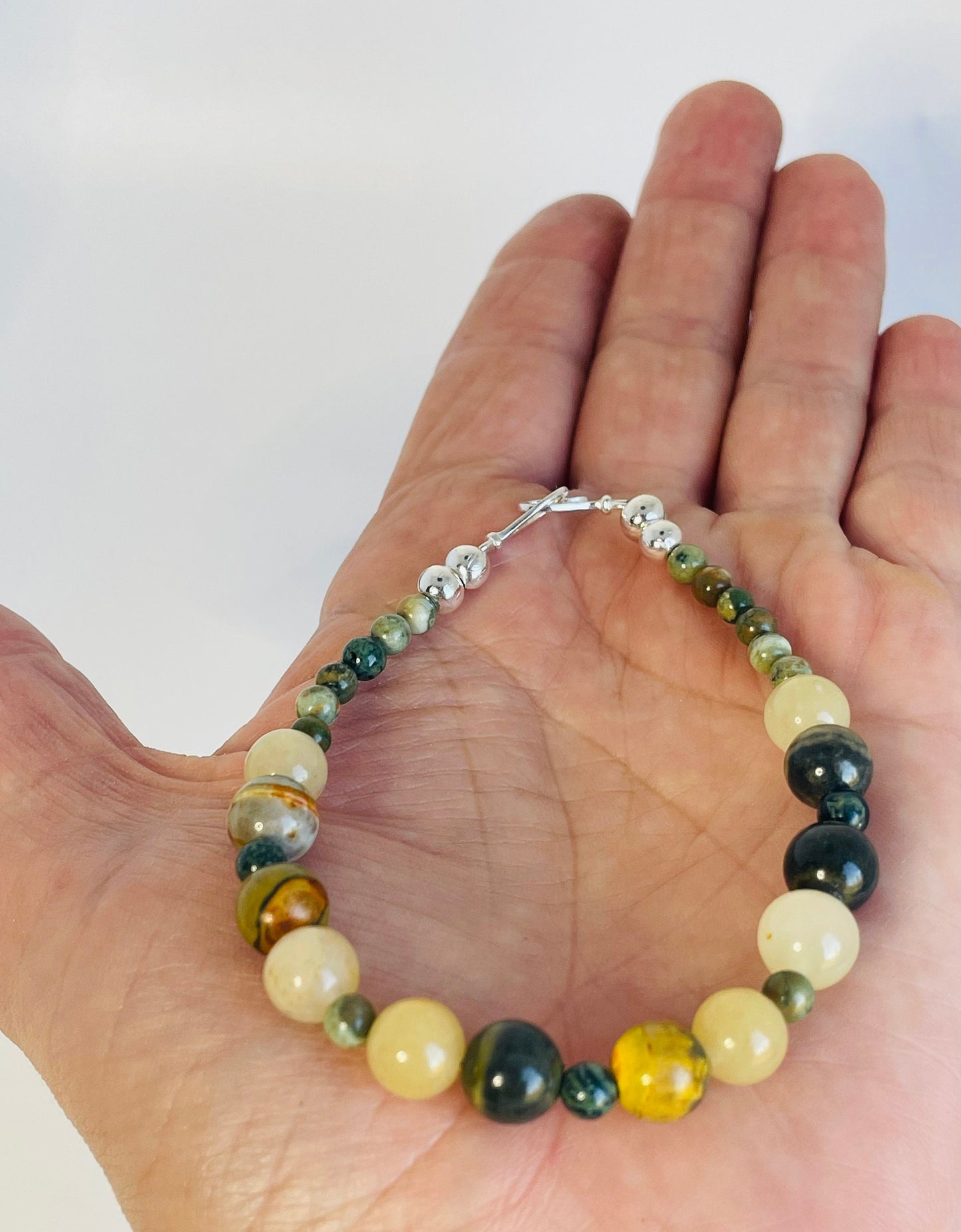 Crystal Gemstone Breathbeads  Mediation Bracelet. Bumblebee Jasper, Yellow and Kambaba Jasper and Sterling Silver Clasp