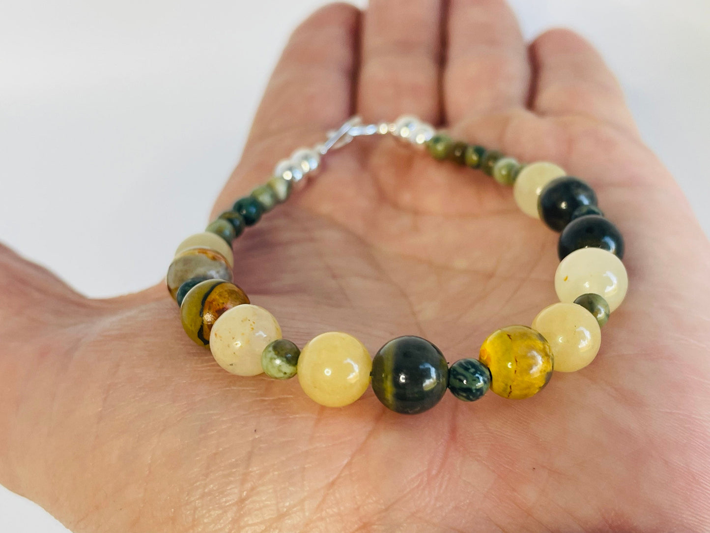 Crystal Gemstone Breathbeads  Mediation Bracelet. Bumblebee Jasper, Yellow and Kambaba Jasper and Sterling Silver Clasp