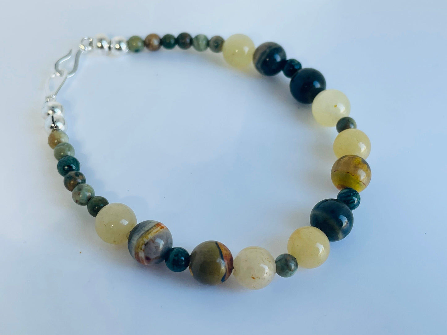 Crystal Gemstone Breathbeads  Mediation Bracelet. Bumblebee Jasper, Yellow and Kambaba Jasper and Sterling Silver Clasp