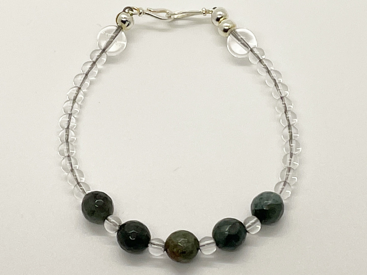 Crystal Green and Clear Stone Beaded Bracelet with Clear Quartz, Bloodstone and Sterling Silver Clasp