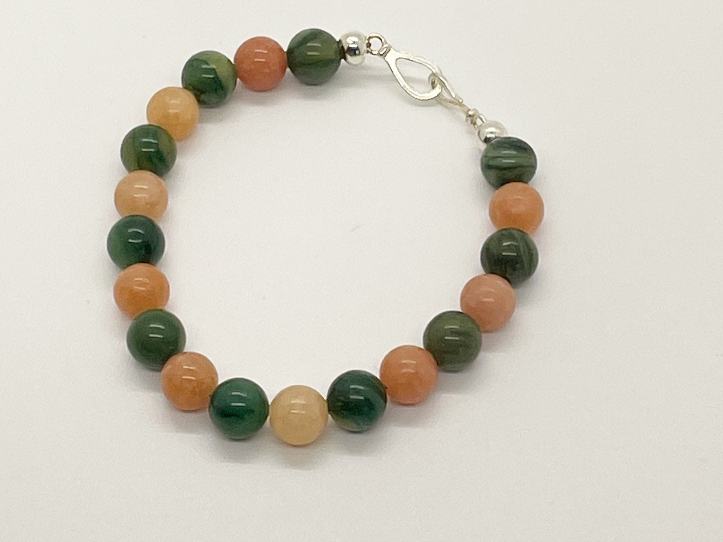 Pure Heart Crystal Gemstone Beaded Bracelet with Verdite and Peach Calcite. Sterling Silver Clasp