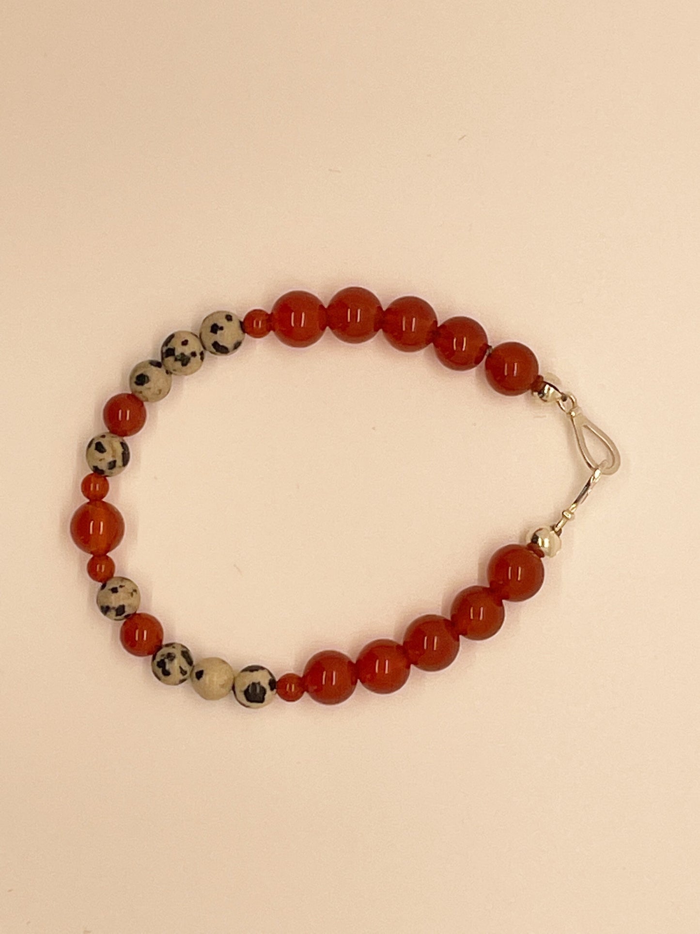 Crystal Gemstone Beaded Bracelet. Carnelian and Dalmatian Stone with Sterling Silver Clasp