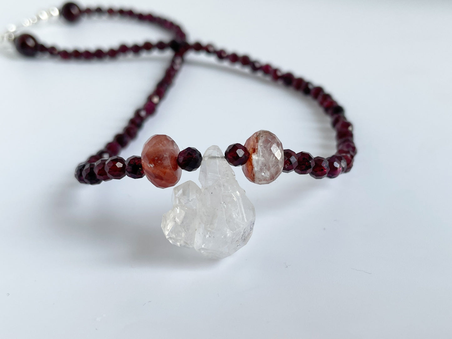 Crystal Gemstone Beaded Choker Necklace with One Of A Kind Herkimer Diamond, Garnet and Fire Quartz. Sterling Silver Clasp