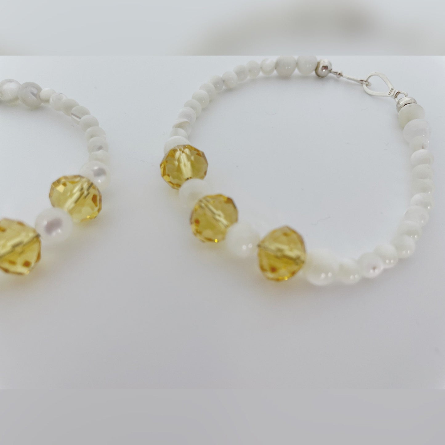 Joyous Prosperity Gemstone Bracelet. Faceted Citrine and Mother of Pearl Beaded Bracelet with Sterling Silver