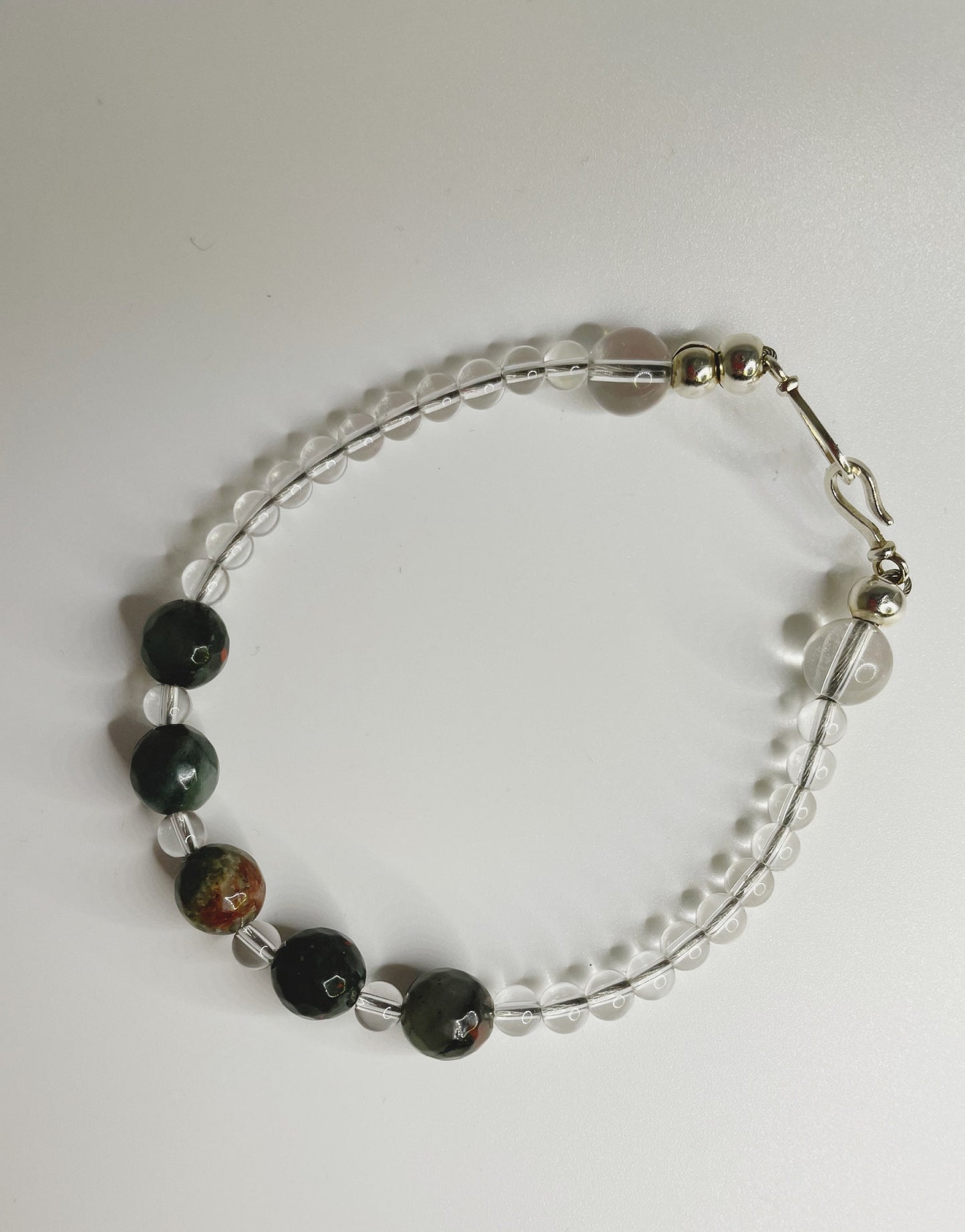 Crystal Green and Clear Stone Beaded Bracelet with Clear Quartz, Bloodstone and Sterling Silver Clasp