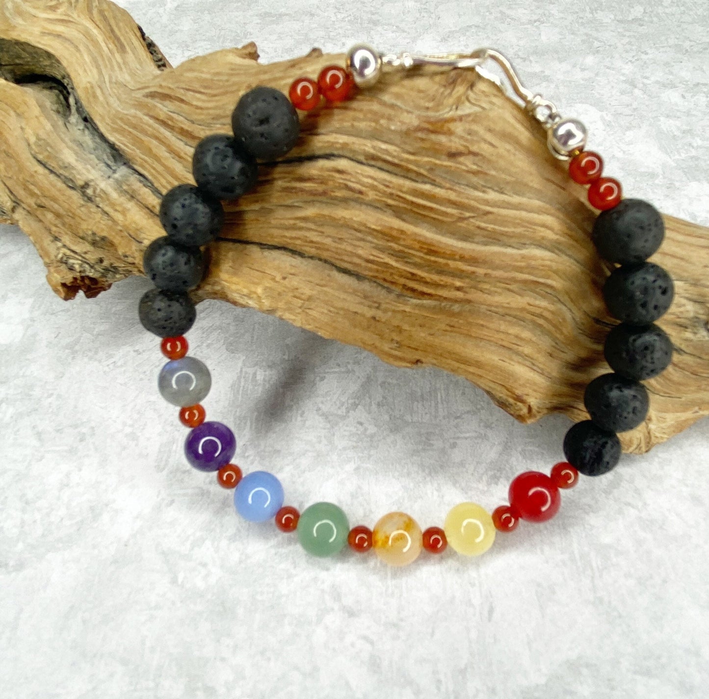 Chakra Crystal Beaded Bracelet with Sterling Silver.  8mm crystal beads. Agate, Amethyst, Carnelian, Yellow jade, Angelite, Green Aventurine