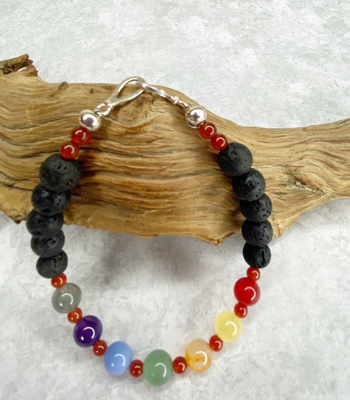 Chakra Crystal Beaded Bracelet with Sterling Silver.  8mm crystal beads. Agate, Amethyst, Carnelian, Yellow jade, Angelite, Green Aventurine