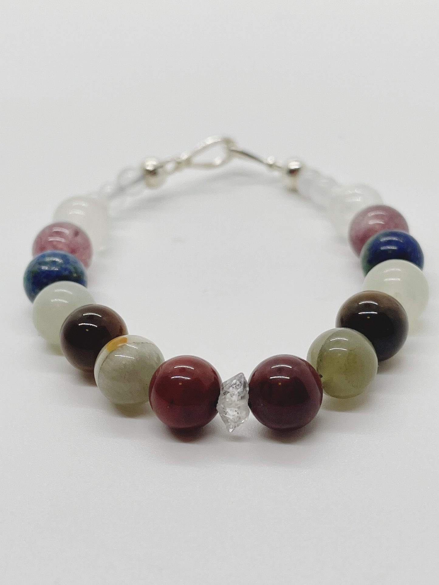 Crystal Beaded Gemstone Bracelet. Herkimer Quartz, Red Jasper, Bumblebee Jasper, Tiger’s Eye, Jade, Lapis, Lepidolite, Selenite with Sterling Silver Clasp